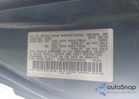 2000 Toyota Tundra Ltd V8 из США, поврежденный, VIN 5TBRT3819YS110222